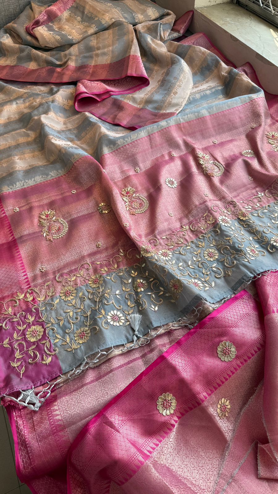 Zardozi Floral Vine On Banarasi Silk · 52 Artisan Hours of work · The Royal Edit