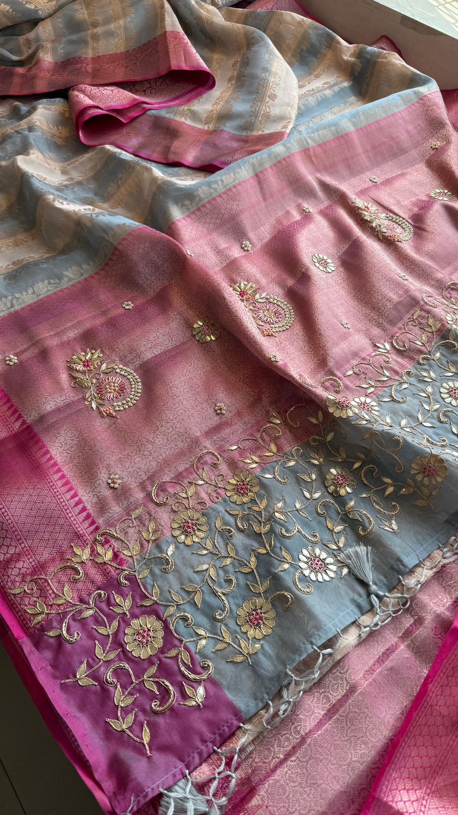 Zardozi Floral Vine On Banarasi Silk · 52 Artisan Hours of work · The Royal Edit