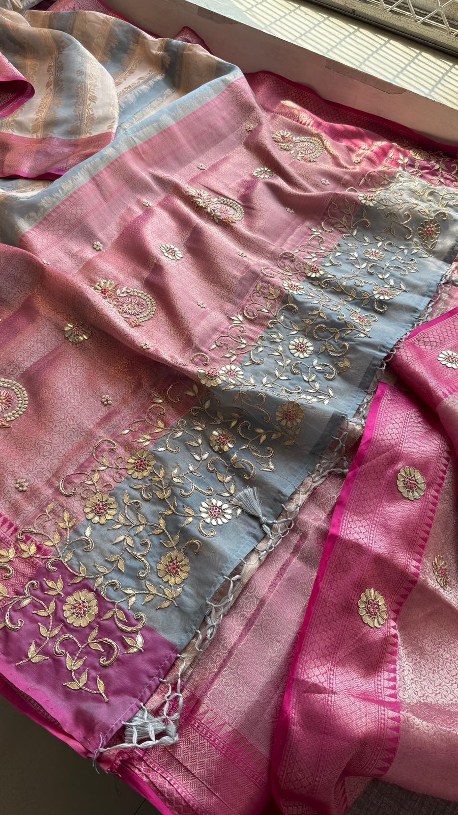 Zardozi Floral Vine On Banarasi Silk · 52 Artisan Hours of work · The Royal Edit