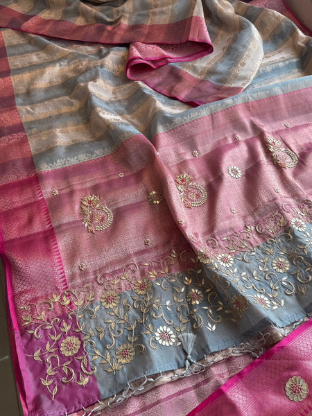 Royal Banarasi Silk Saree With Zardozi Floral Vine Embroidery & Designer Pallu