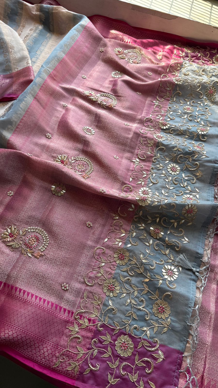 Royal Banarasi Silk Saree With Zardozi Floral Vine Embroidery & Designer Pallu