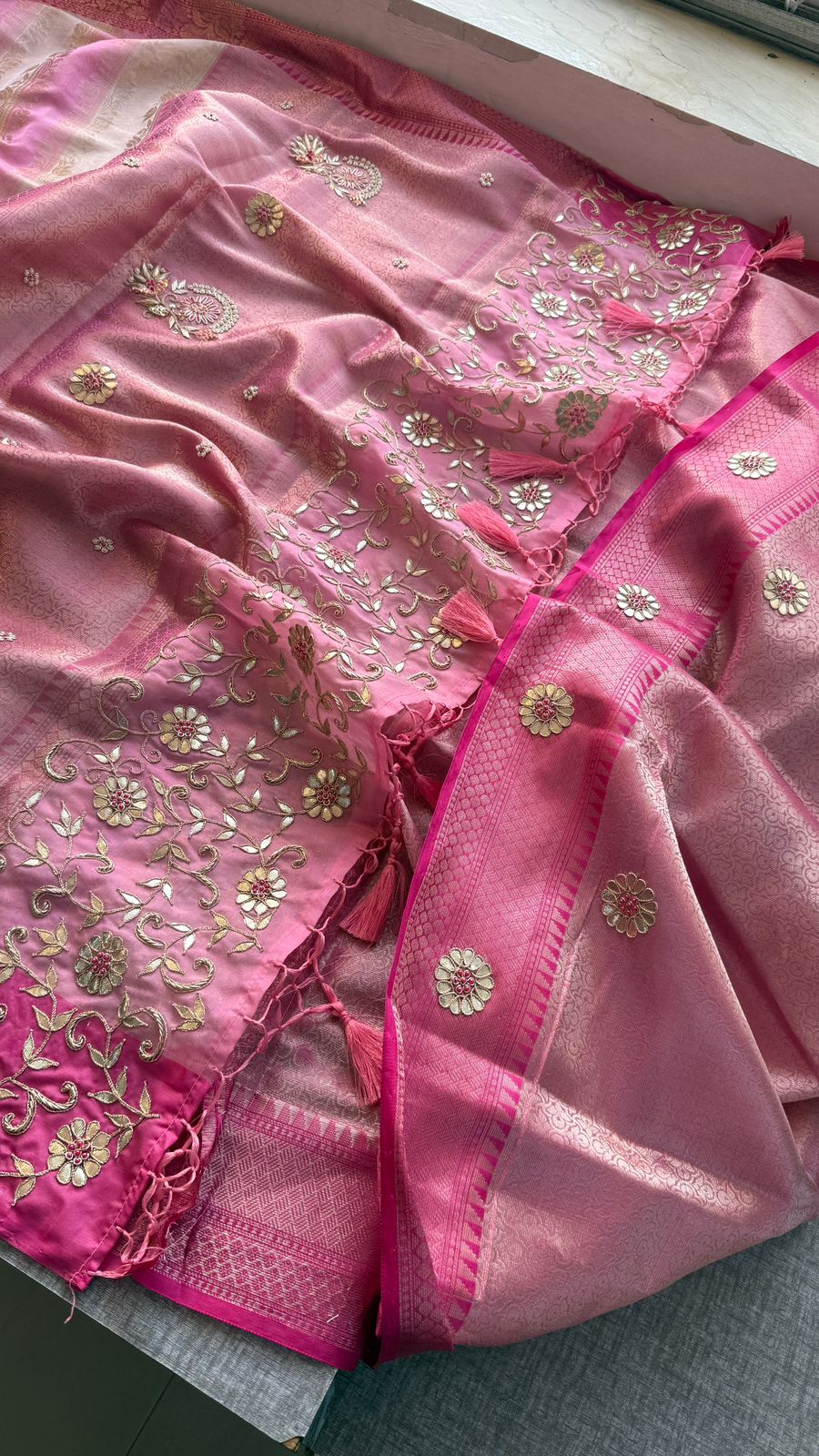 Zardozi Floral Vine On Banarasi Silk · 52 Artisan Hours of work · The Royal Edit