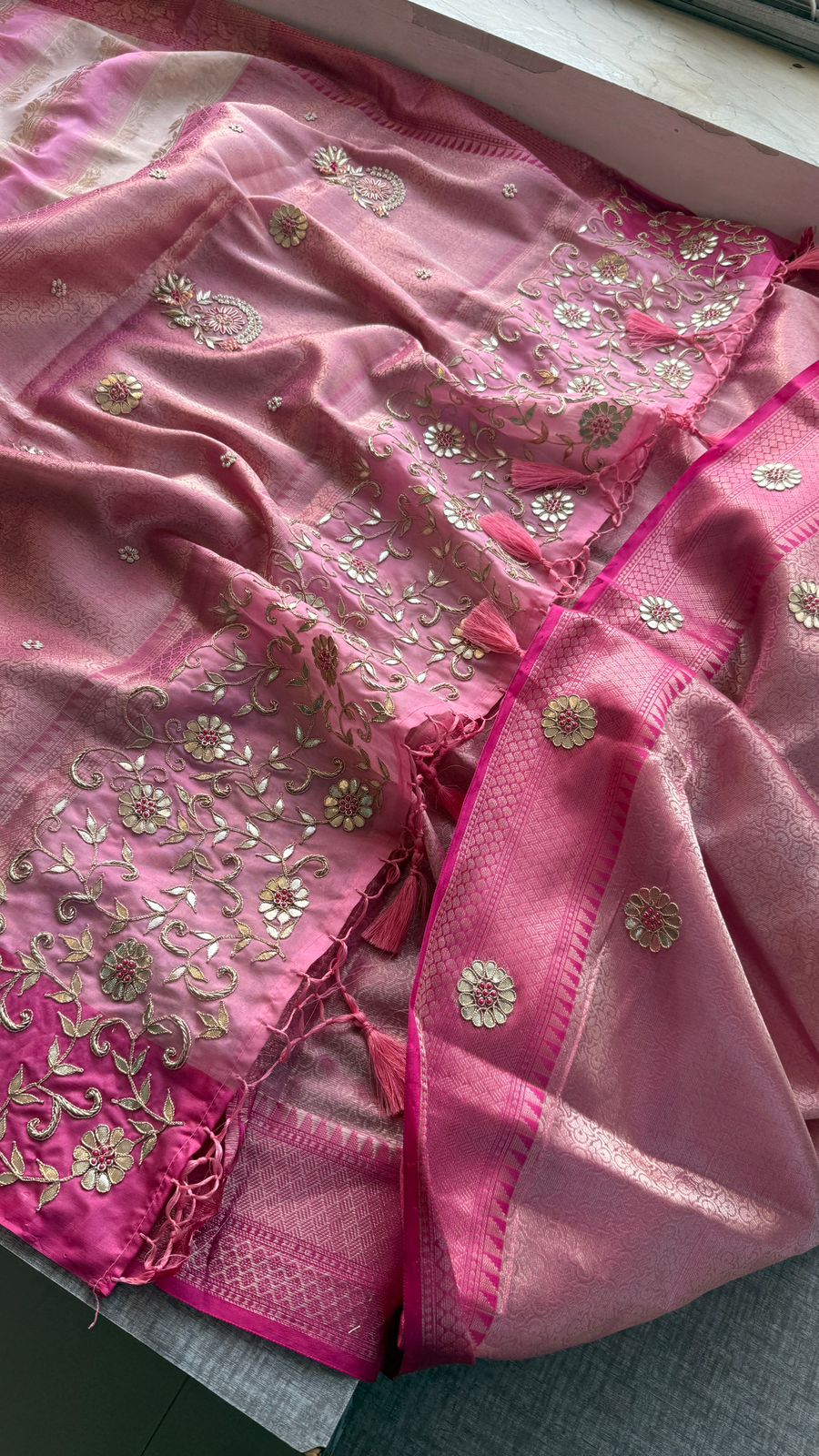 Zardozi Floral Vine On Banarasi Silk · 52 Artisan Hours of work · The Royal Edit