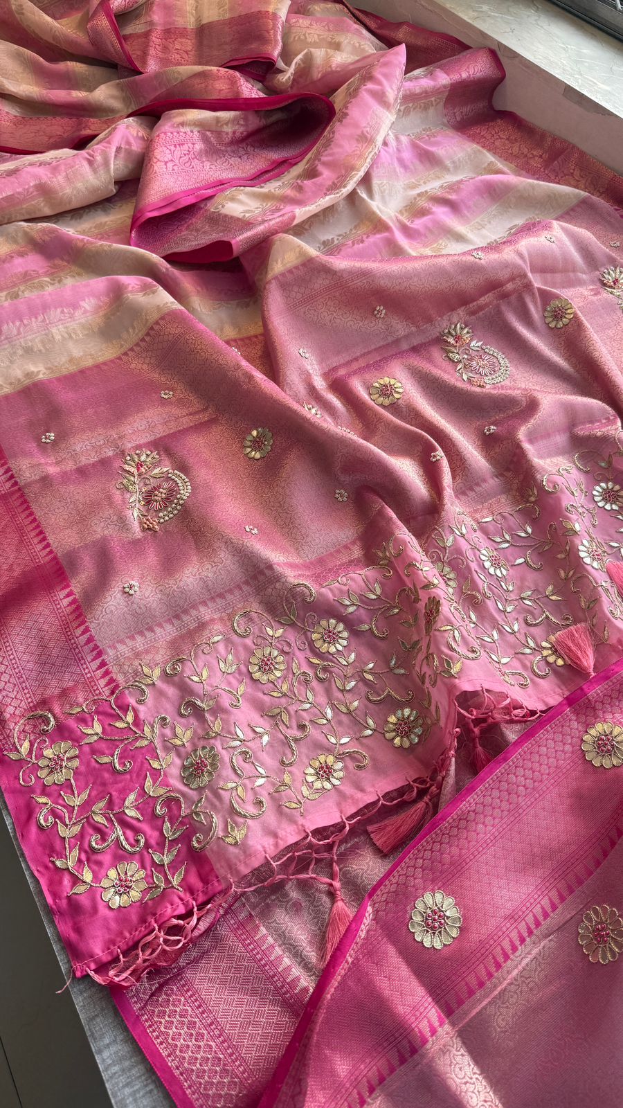 Zardozi Floral Vine On Banarasi Silk · 52 Artisan Hours of work · The Royal Edit
