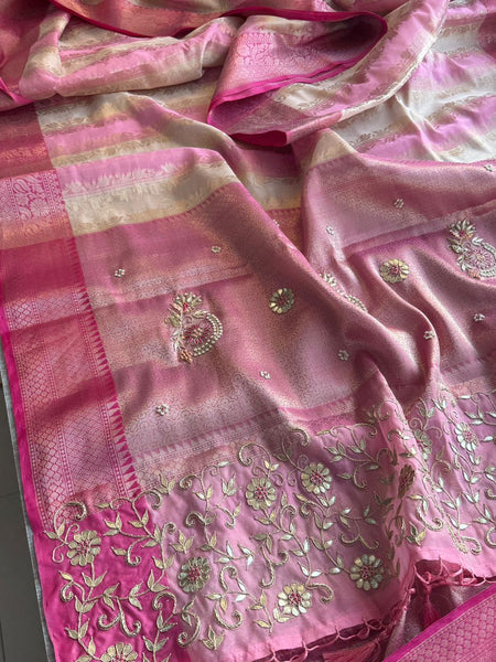 Royal Banarasi Silk Saree With Zardozi Floral Vine Embroidery & Designer Pallu