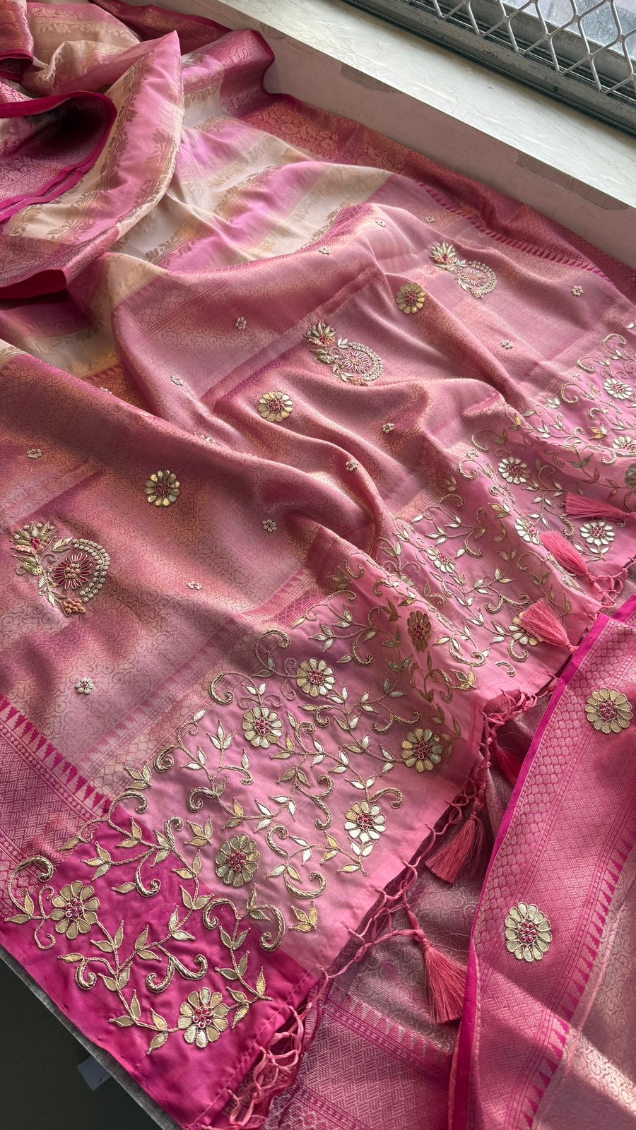 Zardozi Floral Vine On Banarasi Silk · 52 Artisan Hours of work · The Royal Edit