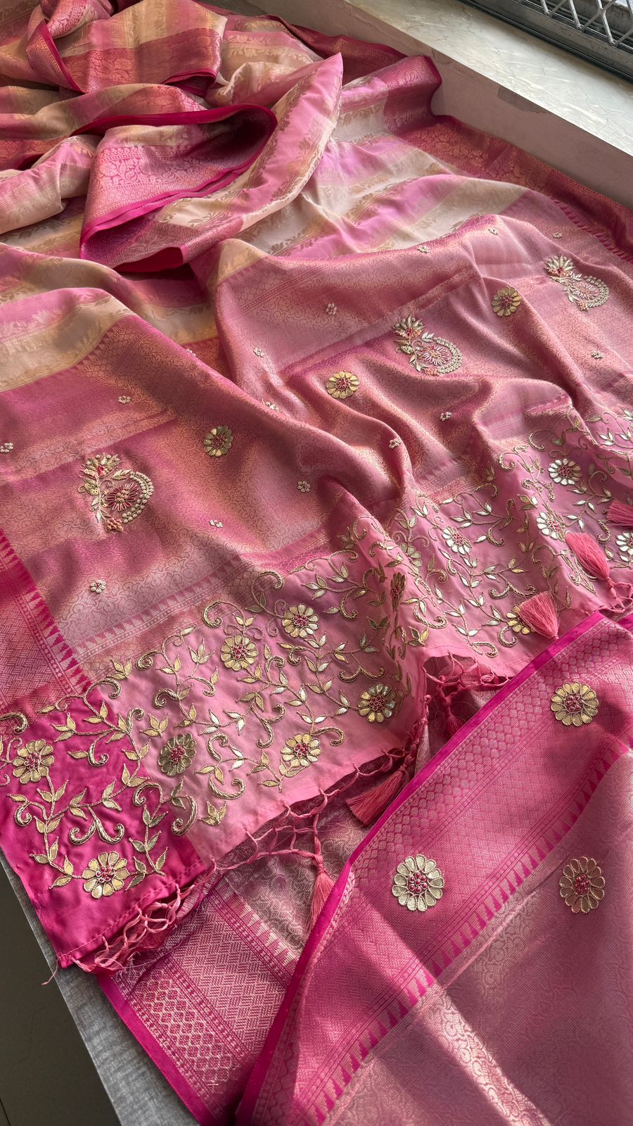Royal Banarasi Silk Saree With Zardozi Floral Vine Embroidery & Designer Pallu