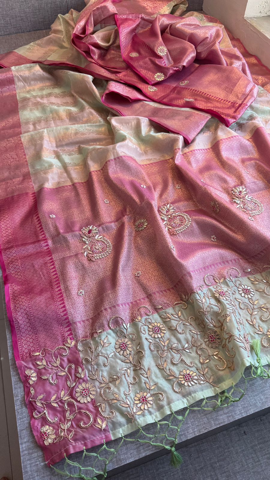 Royal Banarasi Silk Saree With Zardozi Floral Vine Embroidery & Designer Pallu
