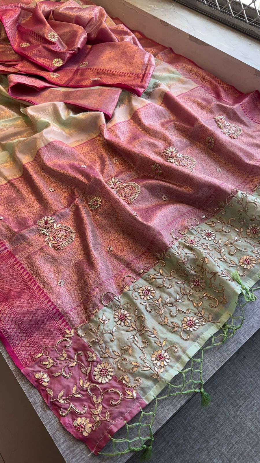 Zardozi Floral Vine On Banarasi Silk · 52 Artisan Hours of work · The Royal Edit