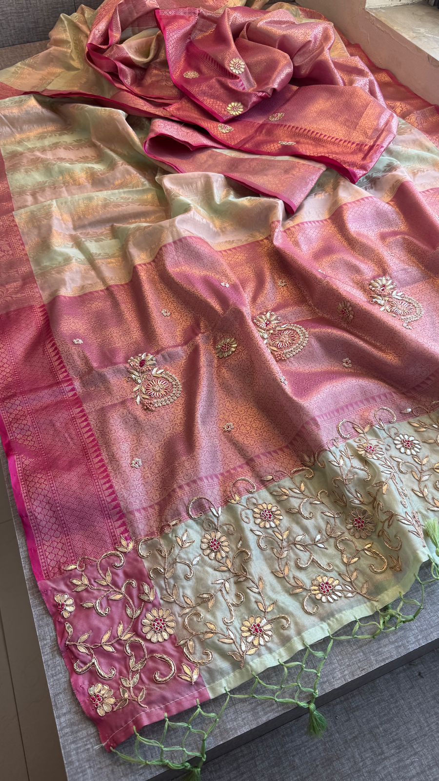 Zardozi Floral Vine On Banarasi Silk · 52 Artisan Hours of work · The Royal Edit