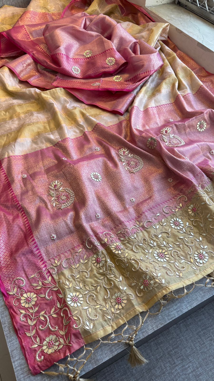 Royal Banarasi Silk Saree With Zardozi Floral Vine Embroidery & Designer Pallu