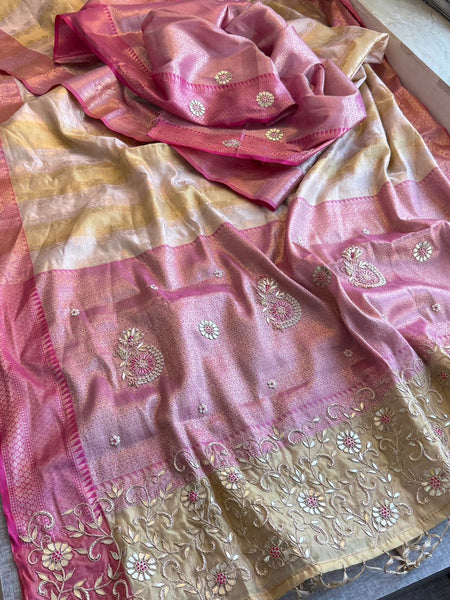 Royal Banarasi Silk Saree With Zardozi Floral Vine Embroidery & Designer Pallu