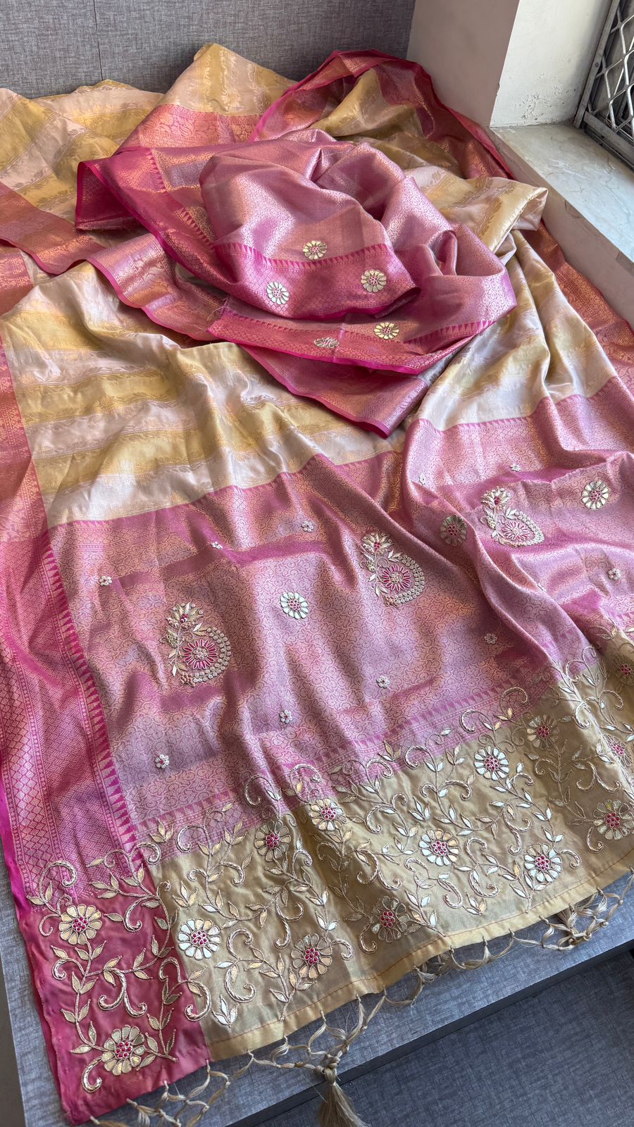 Royal Banarasi Silk Saree With Zardozi Floral Vine Embroidery & Designer Pallu