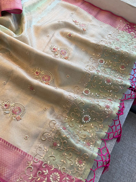 Elegant Banarasi Silk Saree With Zardozi Floral Border & Pastel Contrast Pallu