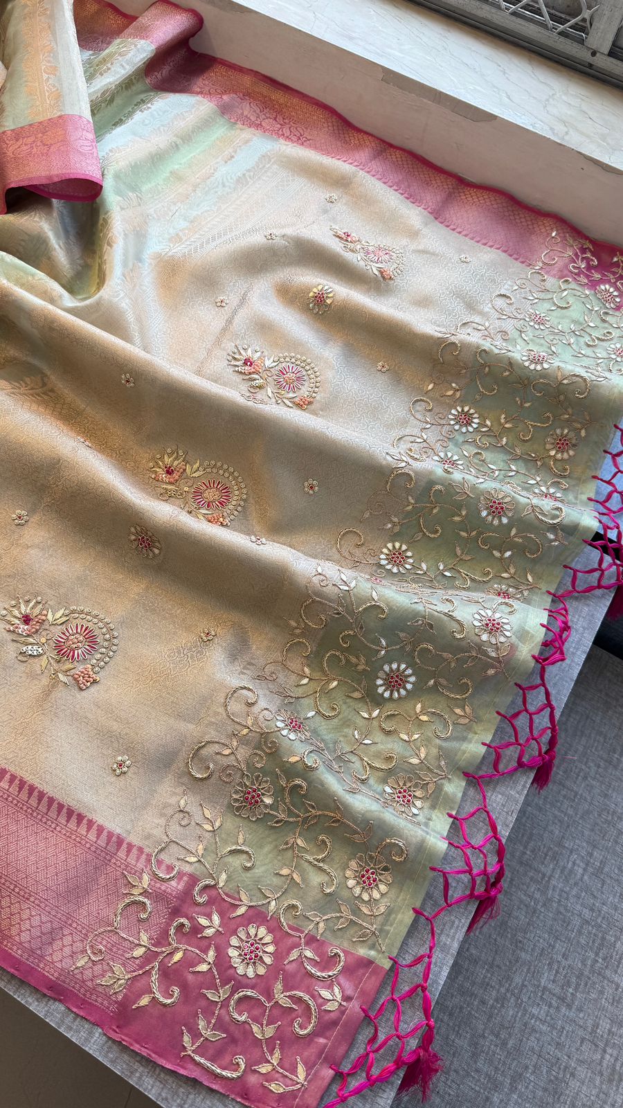 Elegant Banarasi Silk Saree With Zardozi Floral Border & Pastel Contrast Pallu