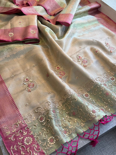 Elegant Banarasi Silk Saree With Zardozi Floral Border & Pastel Contrast Pallu