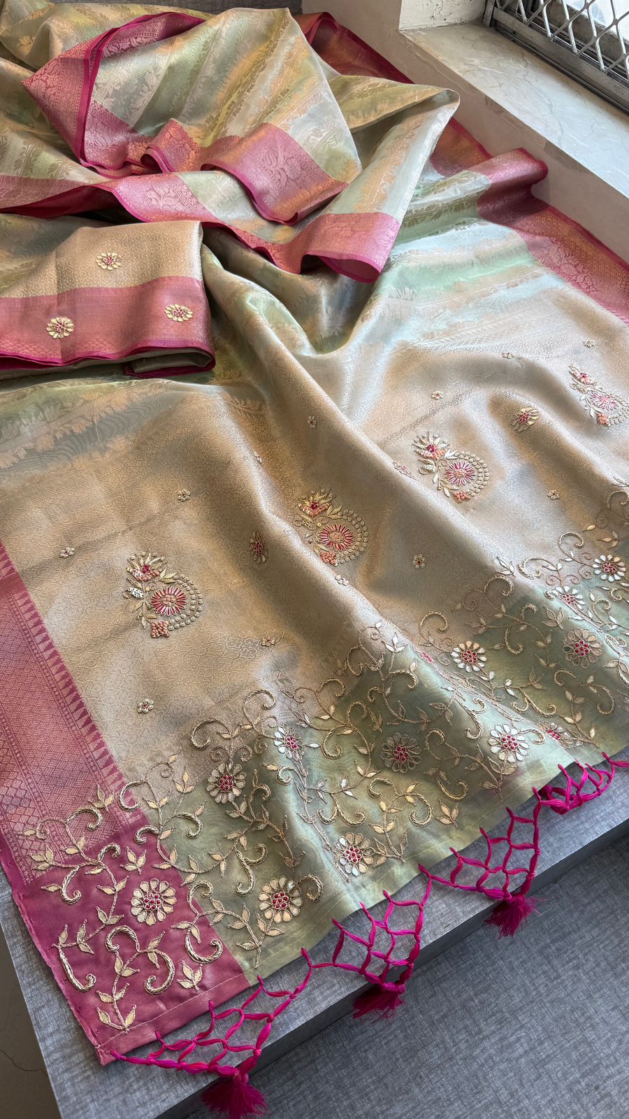 Zardozi Floral On Banarasi Silk Pastel Contrast Pallu · 48 Artisan Hours of work · The Nazakat Edit