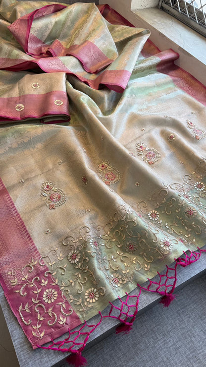 Zardozi Floral On Banarasi Silk Pastel Contrast Pallu · 48 Artisan Hours of work · The Nazakat Edit