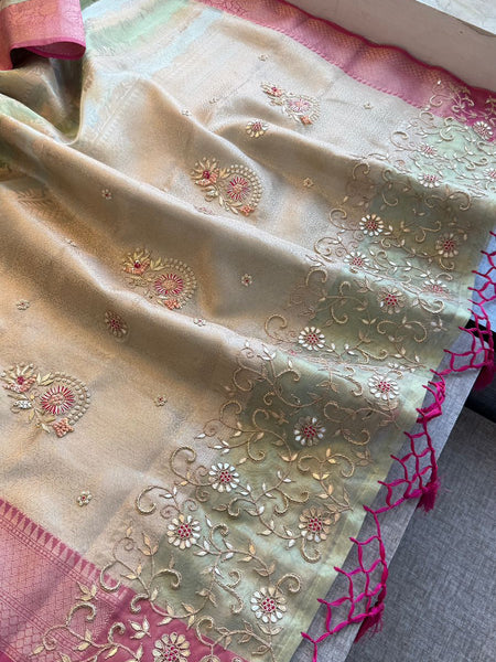 Elegant Banarasi Silk Saree With Zardozi Floral Border & Pastel Contrast Pallu