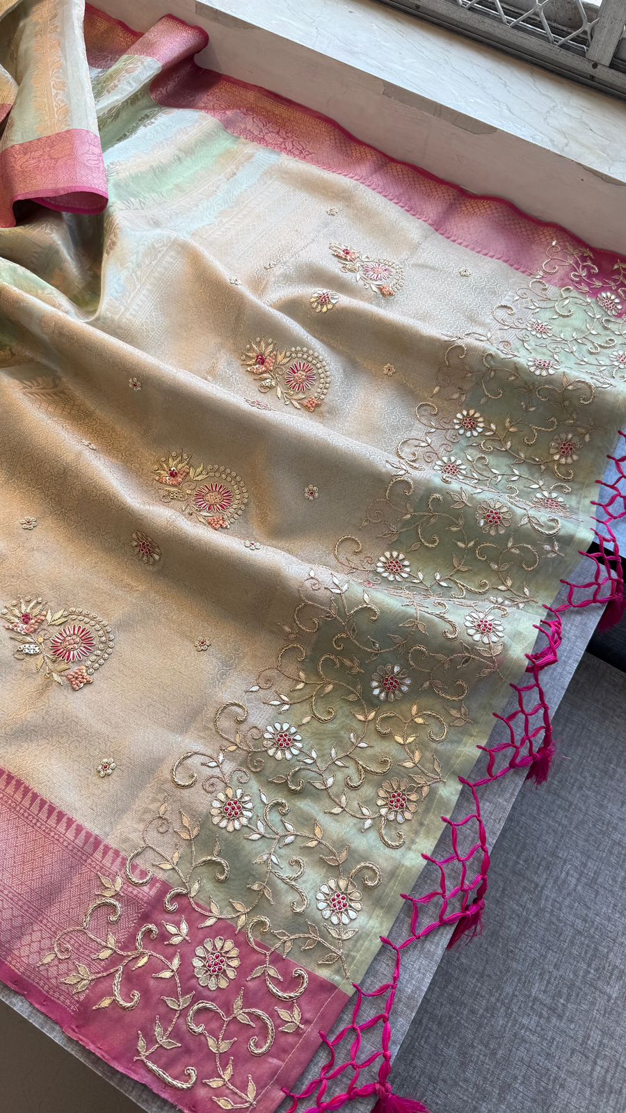 Zardozi Floral On Banarasi Silk Pastel Contrast Pallu · 48 Artisan Hours of work · The Nazakat Edit