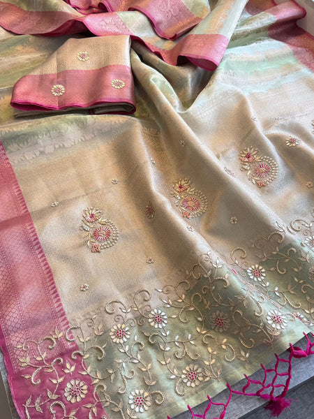 Elegant Banarasi Silk Saree With Zardozi Floral Border & Pastel Contrast Pallu