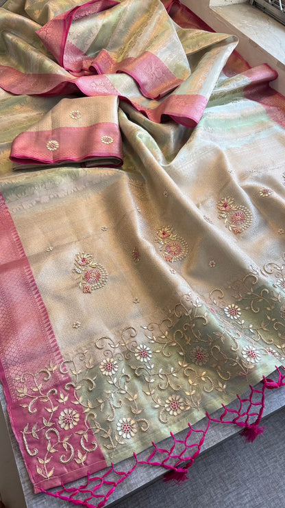 Zardozi Floral On Banarasi Silk Pastel Contrast Pallu · 48 Artisan Hours of work · The Nazakat Edit