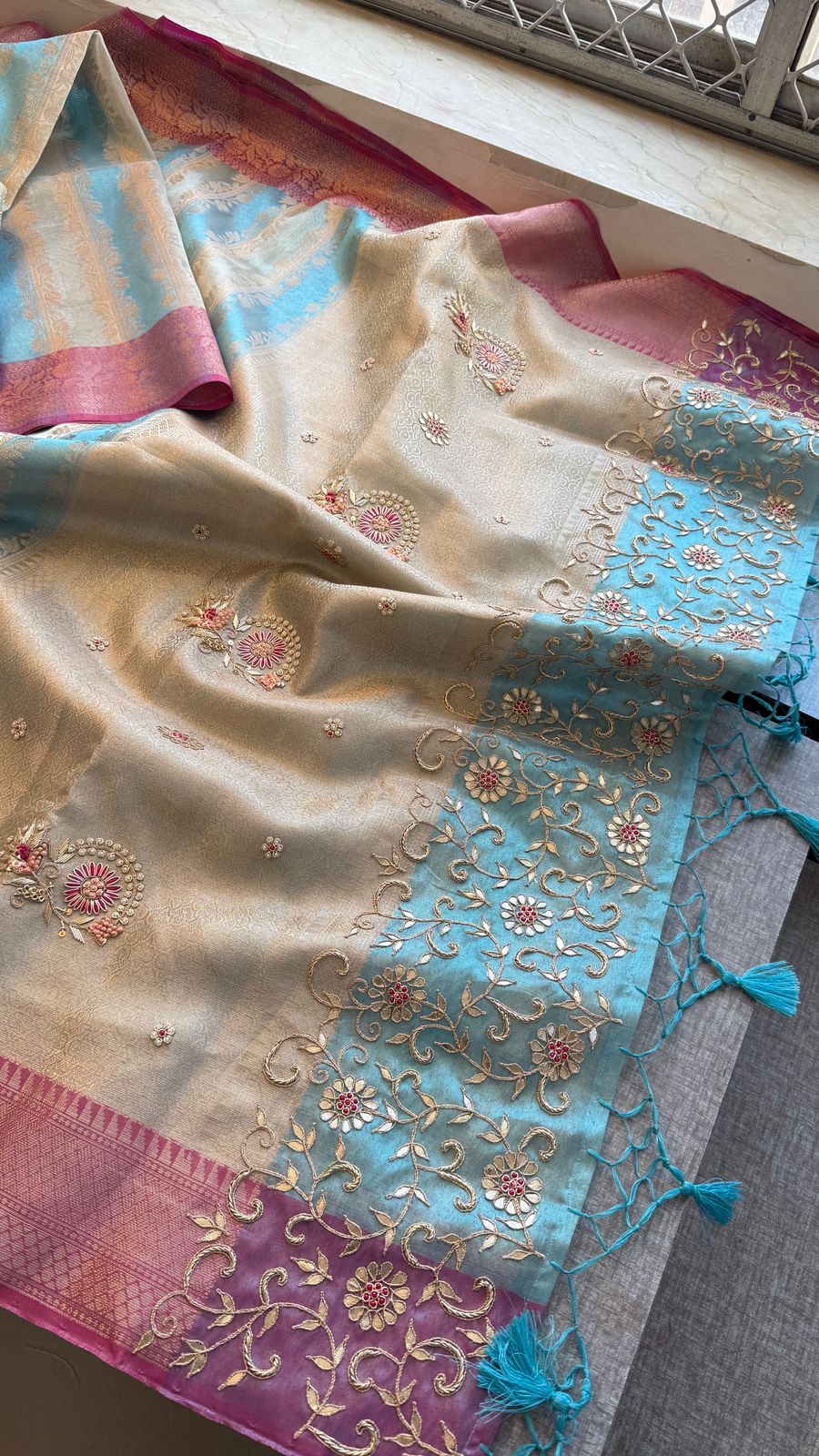 Zardozi Floral On Banarasi Silk Pastel Contrast Pallu · 48 Artisan Hours of work · The Nazakat Edit