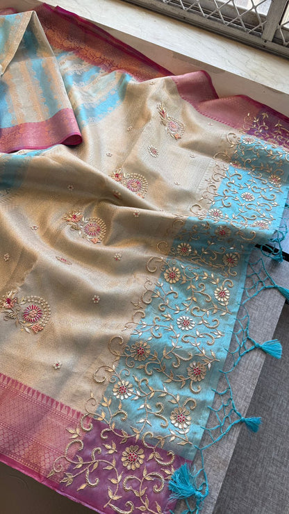 Zardozi Floral On Banarasi Silk Pastel Contrast Pallu · 48 Artisan Hours of work · The Nazakat Edit