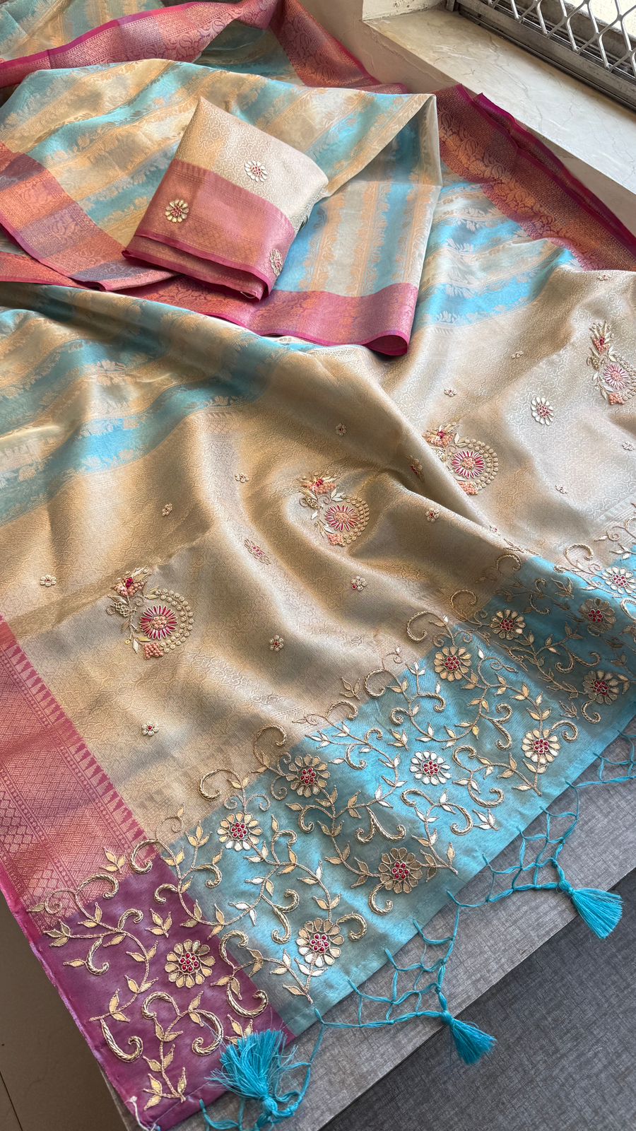 Elegant Banarasi Silk Saree With Zardozi Floral Border & Pastel Contrast Pallu