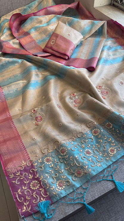 Zardozi Floral On Banarasi Silk Pastel Contrast Pallu · 48 Artisan Hours of work · The Nazakat Edit