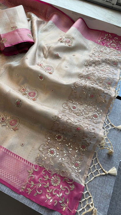 Zardozi Floral On Banarasi Silk Pastel Contrast Pallu · 48 Artisan Hours of work · The Nazakat Edit