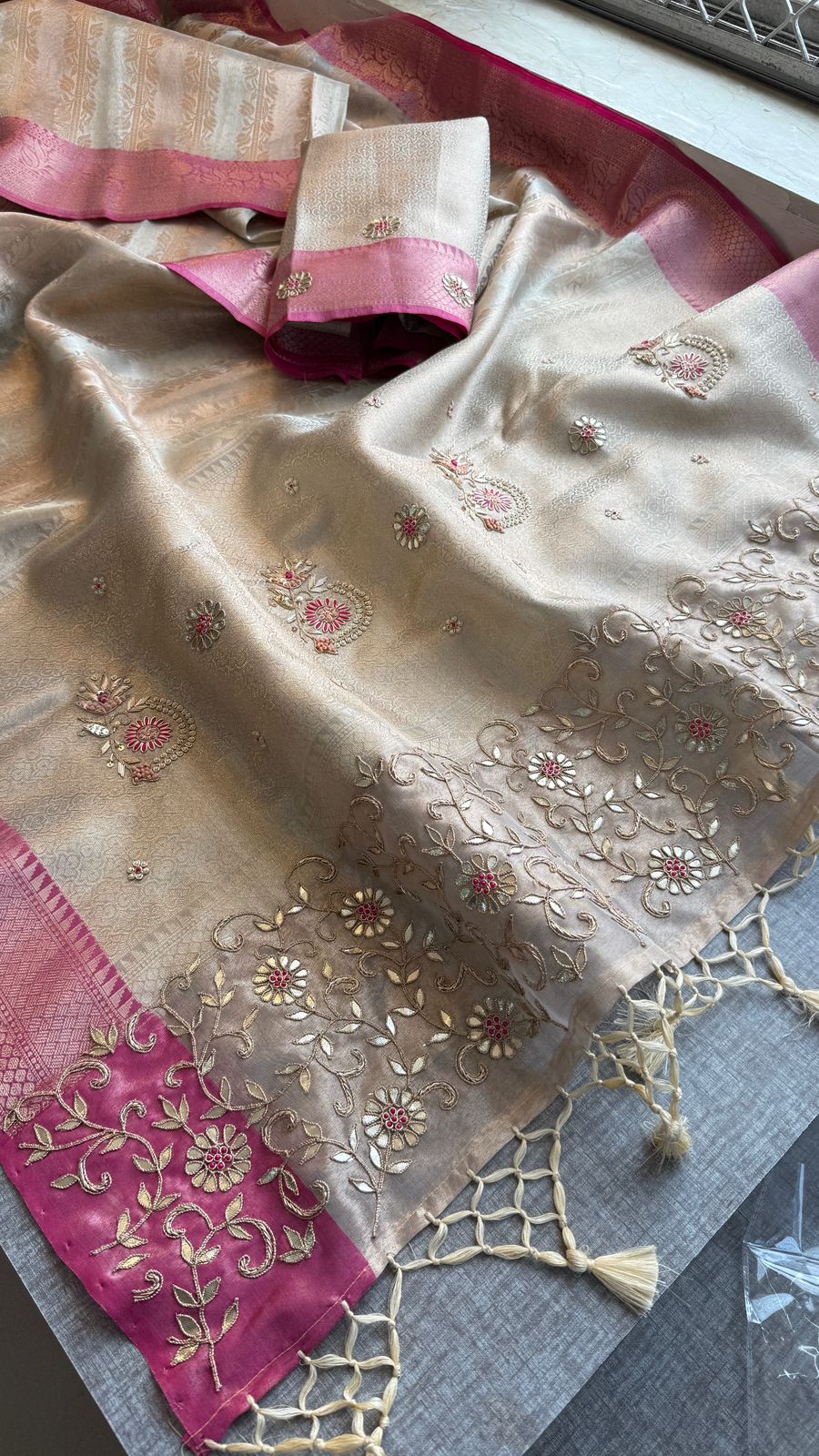 Zardozi Floral On Banarasi Silk Pastel Contrast Pallu · 48 Artisan Hours of work · The Nazakat Edit