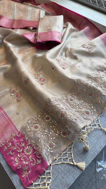 Zardozi Floral On Banarasi Silk Pastel Contrast Pallu · 48 Artisan Hours of work · The Nazakat Edit