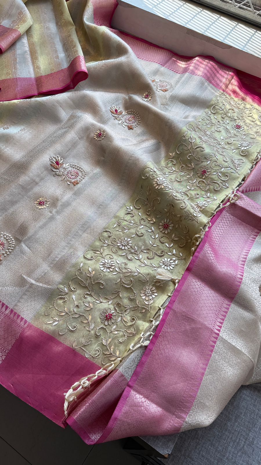 Zardozi Floral On Banarasi Silk Pastel Contrast Pallu · 48 Artisan Hours of work · The Nazakat Edit