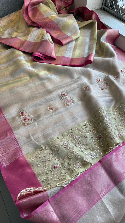Zardozi Floral On Banarasi Silk Pastel Contrast Pallu · 48 Artisan Hours of work · The Nazakat Edit