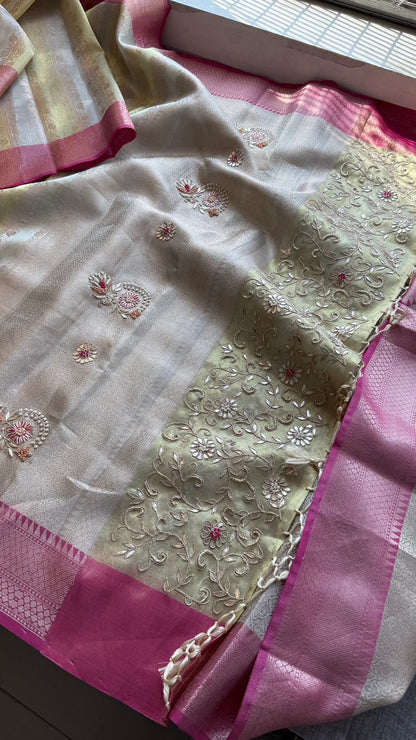 Zardozi Floral On Banarasi Silk Pastel Contrast Pallu · 48 Artisan Hours of work · The Nazakat Edit