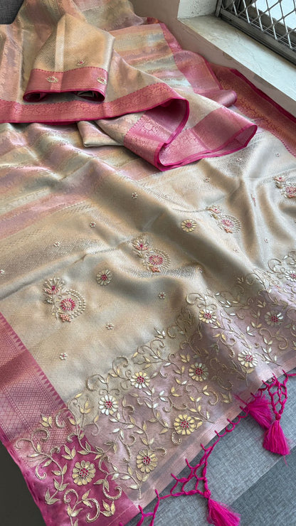 Zardozi Floral On Banarasi Silk Pastel Contrast Pallu · 48 Artisan Hours of work · The Nazakat Edit