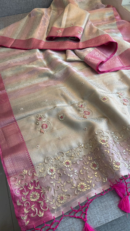 Zardozi Floral On Banarasi Silk Pastel Contrast Pallu · 48 Artisan Hours of work · The Nazakat Edit