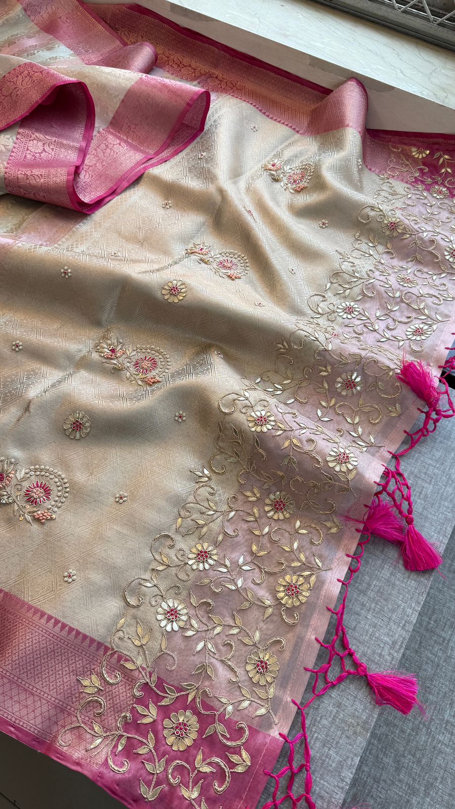 Zardozi Floral On Banarasi Silk Pastel Contrast Pallu · 48 Artisan Hours of work · The Nazakat Edit