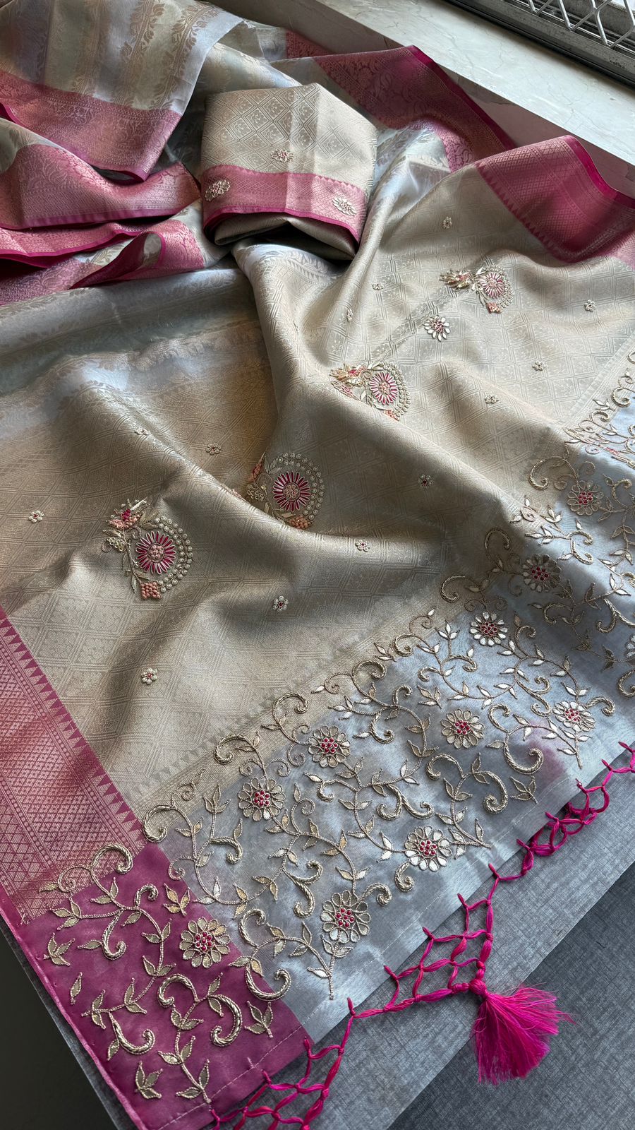 Zardozi Floral On Banarasi Silk Pastel Contrast Pallu · 48 Artisan Hours of work · The Nazakat Edit