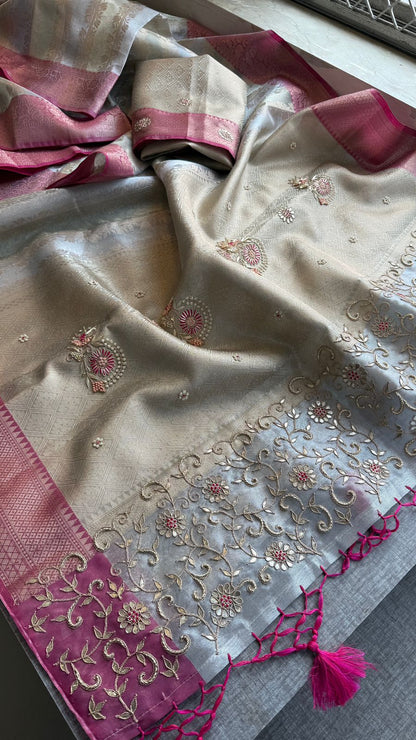 Zardozi Floral On Banarasi Silk Pastel Contrast Pallu · 48 Artisan Hours of work · The Nazakat Edit