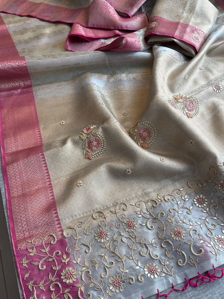 Elegant Banarasi Silk Saree With Zardozi Floral Border & Pastel Contrast Pallu