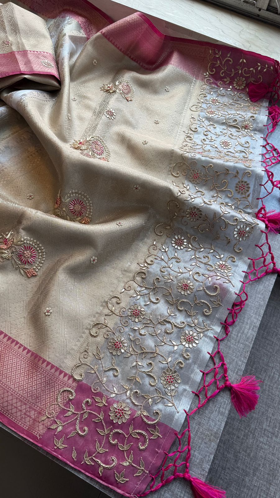 Zardozi Floral On Banarasi Silk Pastel Contrast Pallu · 48 Artisan Hours of work · The Nazakat Edit