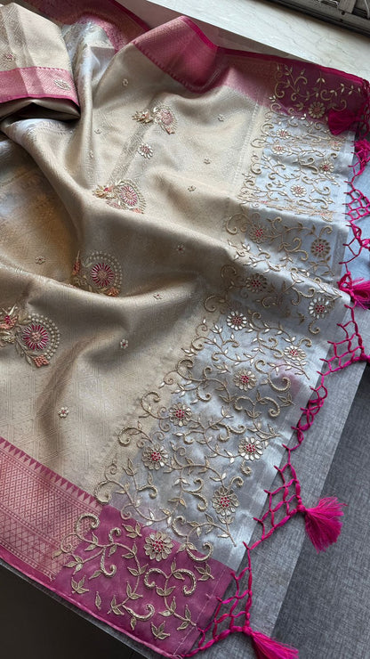 Zardozi Floral On Banarasi Silk Pastel Contrast Pallu · 48 Artisan Hours of work · The Nazakat Edit