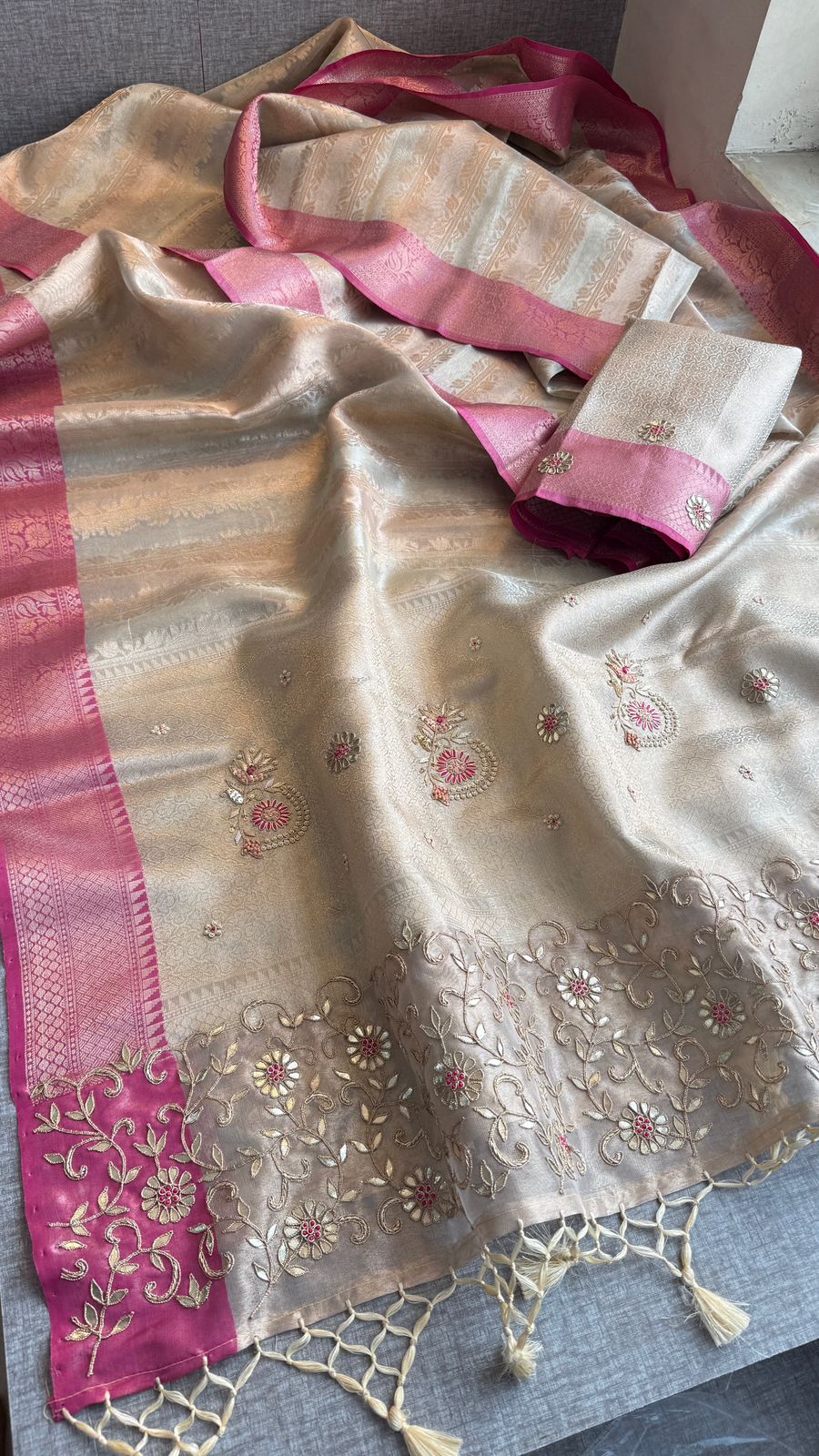 Zardozi Floral On Banarasi Silk Pastel Contrast Pallu · 48 Artisan Hours of work · The Nazakat Edit