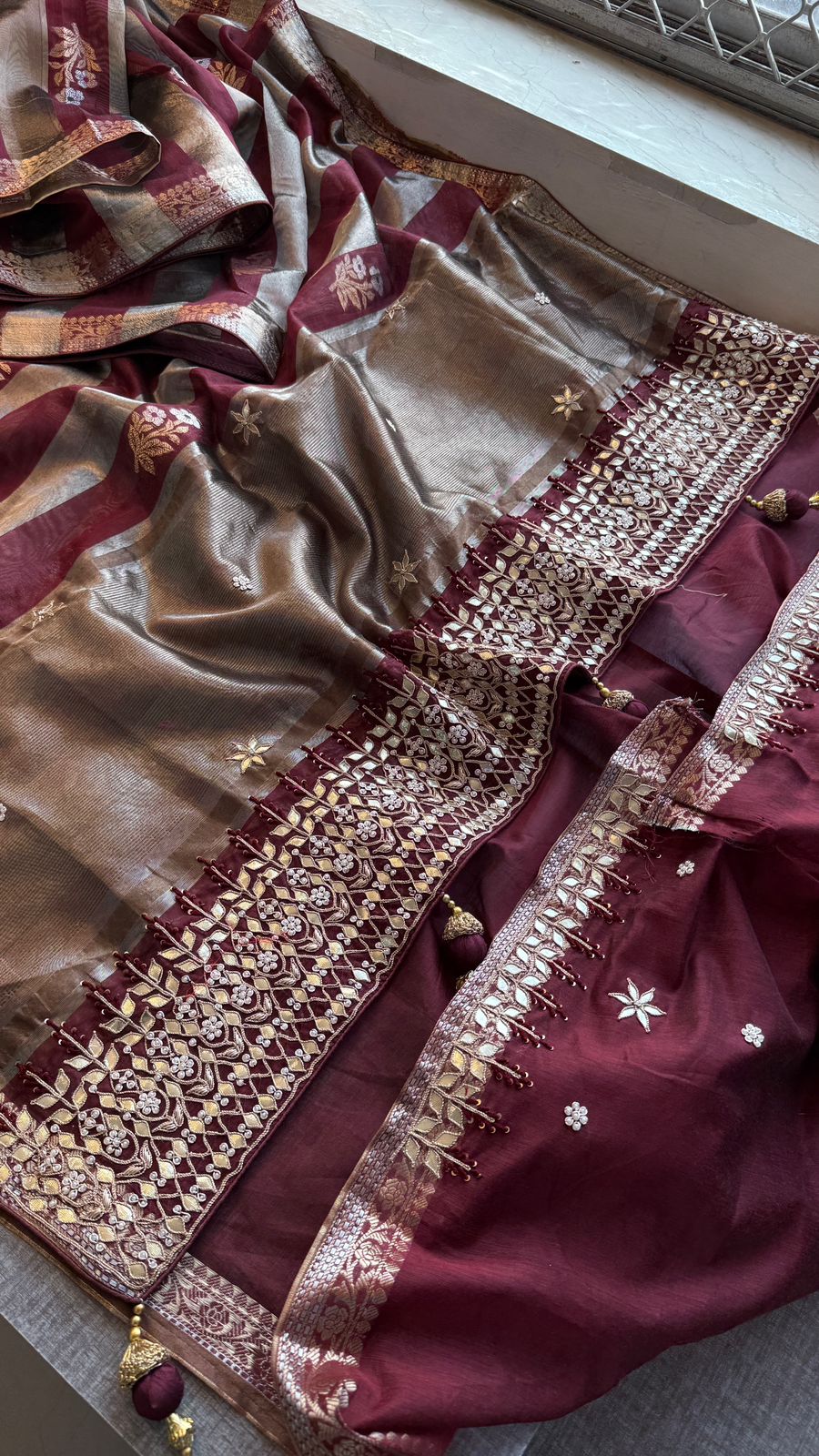 Zardozi Heritage Border On Banarasi Silk Dual Tone · 48 Artisan Hours of work · The Mehfil Edit