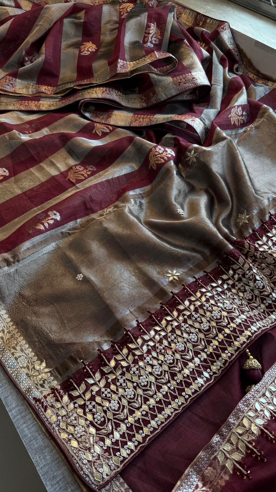 Zardozi Heritage Border On Banarasi Silk Dual Tone · 48 Artisan Hours of work · The Mehfil Edit