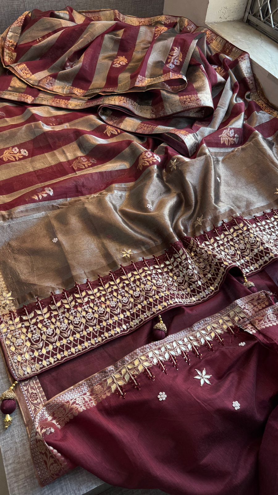 Zardozi Heritage Border On Banarasi Silk Dual Tone · 48 Artisan Hours of work · The Mehfil Edit