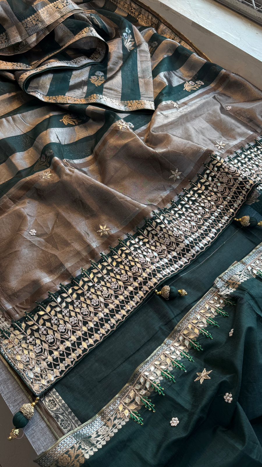 Zardozi Heritage Border On Banarasi Silk Dual Tone · 48 Artisan Hours of work · The Mehfil Edit