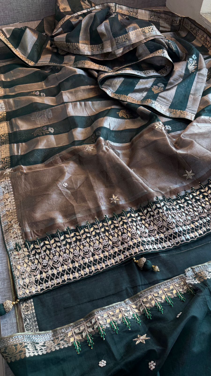 Zardozi Heritage Border On Banarasi Silk Dual Tone · 48 Artisan Hours of work · The Mehfil Edit